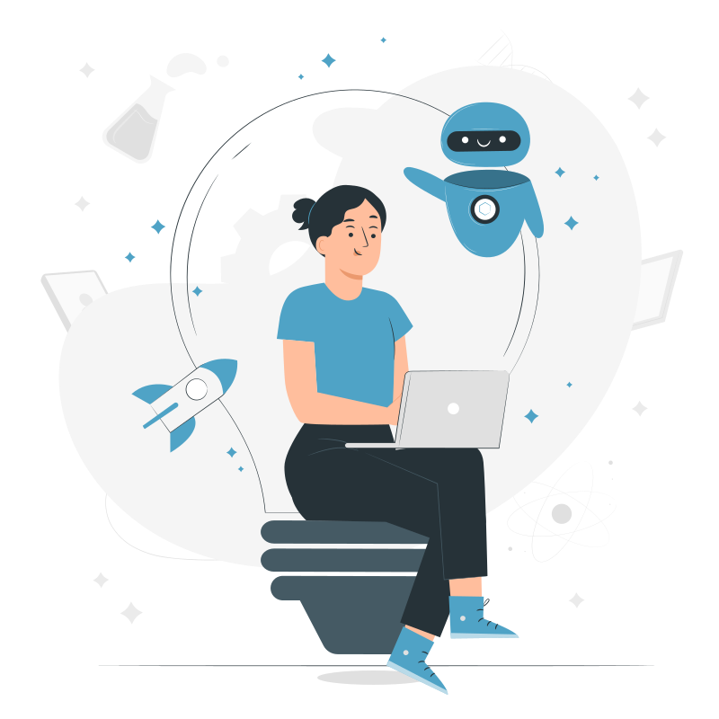 Illustration of a person building with the help of an AI assistant